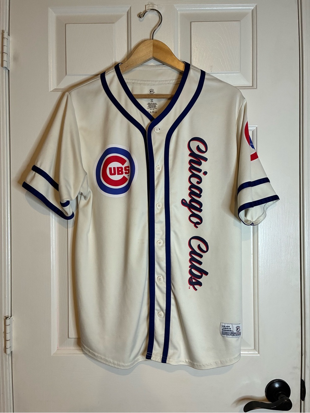 Chicago Cubs White Button-Front Jersey with Navy & Red Script